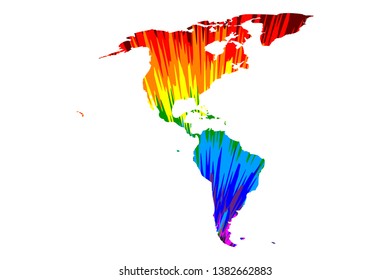 North and South America continent - map is designed rainbow abstract colorful pattern, North and Latin America map made of color explosion,