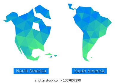 North and South America continents, Vector illustration of map in low poly style. 