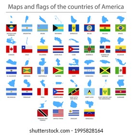 North and South America. Country border maps and flags. Vector illustration