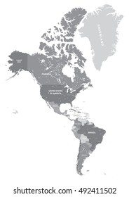 North and South America high detailed political map in grey scales. All layers detachable and labeled. Vector