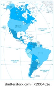 North and South America Map In Colors Of Blue. Vector illustration.