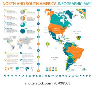 Mapa de América del Norte y del Sur - Ilustración detallada de vectores gráficos de información