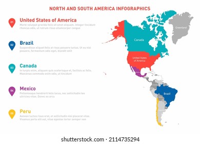 Plantilla de infografía de mapas de América del Norte y del Sur. Mapa de vectores con países y fronteras estadounidenses. Plantilla de infografía empresarial para datos, análisis, estadística económica. Plantilla de mapa de Estados Unidos. Vector