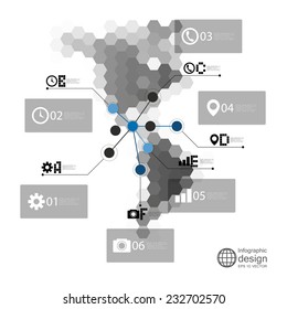 North and South America map, infographic template for business design, hexagonal design vector illustration.