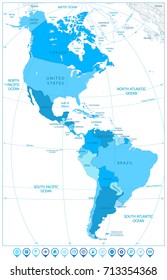 North and South America Map With Map Markers In Colors Of Blue. Vector illustration.