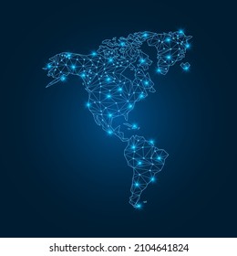 Nord- und Südamerika-Karte mit polygonalen leuchtenden Formen. Nord- und Südamerika-Kontinent mit dreieckigen Linienelementen und Leuchtpunkten. Vektorgrafik einzeln auf blauem Farbverlauf-Hintergrund. 
