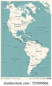 North and South America Map - Vintage Detailed Vector Illustration