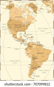 North and South America Map - Vintage Detailed Vector Illustration