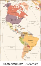 North and South America Map - Vintage Detailed Vector Illustration