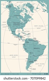 North and South America Map - Vintage Detailed Vector Illustration