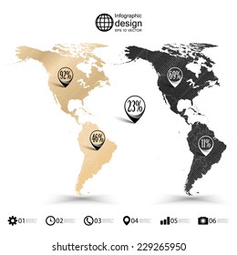 North and South America map, wooden design texture, infographics vector illustration.