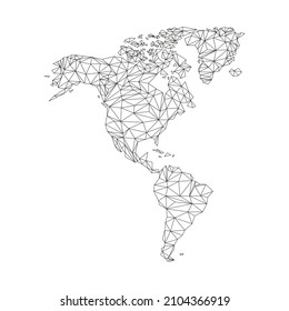 Mapa de América del Norte y del Sur. Mapa mundial con formas triangulares. Mapa del continente de América del Norte y del Sur con elementos de línea poligonal. Ilustración vectorial aislada en blanco. 