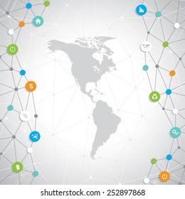 North and South America Modern infographic network template with place for your text. Can be used for workflow layout, diagram, chart, number options, web design.