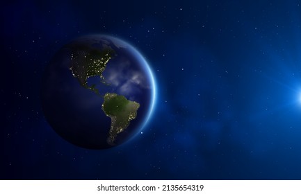 North And South America On Realistic Vector Earth Globe. 3d Earth Planet Sphere Render With Continents Landscape, Blue Ocean Surface And Clouds. Astronomical Object In Deep Space