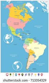 North and South America Political Map and Flat Map Markers. Vector illustration.