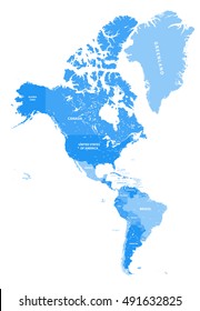 North and South America vector political map in tints of soft blue color palette