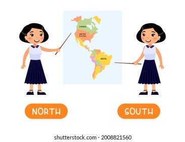 NORTH And SOUTH Antonyms Word Card, Opposites Concept. Flashcard For English Language Learning. A Female Asian Teacher Points To A Map