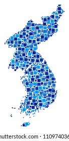 North and South Korea map composition of randomized filled squares in different sizes and blue color hues. Vector square elements are combined into North and South Korea map composition.
