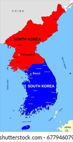 North and South Korea political color map, national borders, important cities. English labeling. Vector illustration
