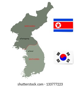 North And South Korea Vector Map With Flags Isolated On White Background.