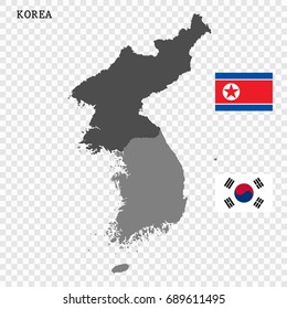 North and South Korea vector map with flags isolated on transparent background.