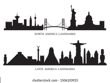 North, South and Latin America Skyline Landmarks Silhouette, Famous Place and Historical Buildings, Travel and Tourist Attraction