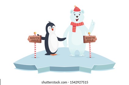 Nord-Südpol-Schilder. Eisbär- und Pinguinpole, Vektorgrafik. Cute Cartotierarten auf Eis mit hölzernen Straßenschildern