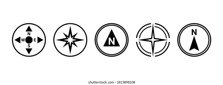 North symbol set. Black and white compass direction icon. 