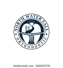 north water falls orthodontic logo, vintage rustic retro scenery tooth as hill and river vector
