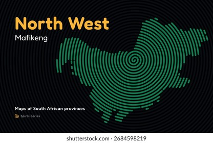 Mapa de patrón de espiral de la provincia del noroeste con centro en Mahikeng, Sudáfrica