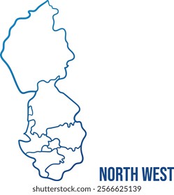 North West region of England with administrative subdivisions. Abstract hand drawn simplified shape map. Soft blue gradient outline map to use for any purpose