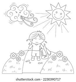 The north wind and the sun picture for story book. Aesop's fable illustration. Cute illustration cartoon for fairy tale story and book. 