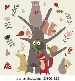 North wood animals in cartoon style. Cute bear, owl, birds, squirrel, fox, hare, snail and hedgehog.