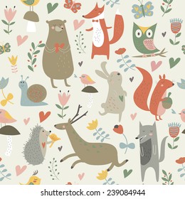 North wood animals in cartoon style. Cute bear, owl, birds, squirrel, fox, hare, snail, wolf and hedgehog. Seamless background. 