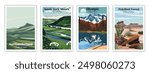 North York Moors, Northumberland, Olympic, Petrified Forest, National Park. Vintage Travel Posters Set, Abstract Travel, Vector illustration