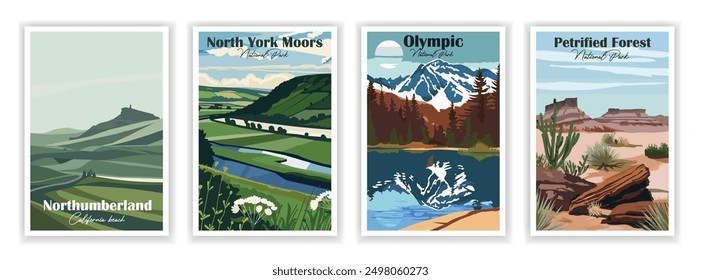 North York Moors, Northumberland, Olympic, Petrified Forest, National Park. Vintage Travel Posters Set, Abstract Travel, Vector illustration