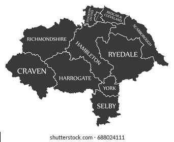 North Yorkshire county England UK black map with white labels illustration svg