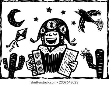 Northeast accordionist. Traditional musician of June festivities. Cordel literature woodcut style.