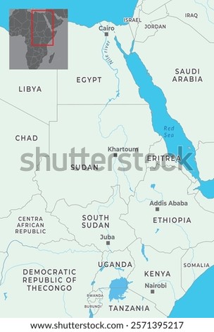 Northeast Africa Map Highlighting Countries Name And Borders And Nile River