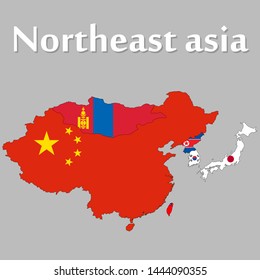 Northeast Asia Map Displayed As The National Flag Of Each Country.