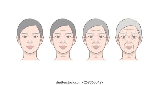 Northeast Asian woman's skin aging process showing wrinkles. Young, adult, old female. Portrait of cosmetic female model.