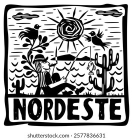 Northeast brazilian cordel. Woodcut vector illustration. Fisherman sitting near the tree and smoking.