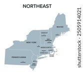 Northeast, census region of the United States of America, gray political map of census region 1, consisting of 9 single states. Map with geographical borders and capitals. Isolated illustration.