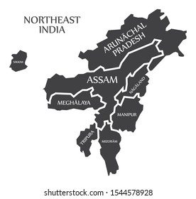 Northeast India Region Map Labelled Black Illustration