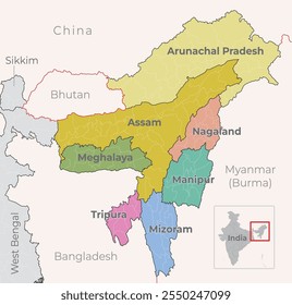 Mapa estatal del noreste de la India, ilustración etiquetada