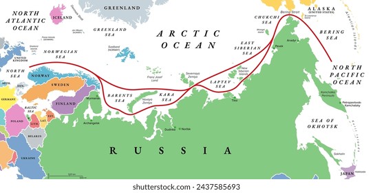 Northeast Passage, NEP, including Northern Sea Route, political map. Shipping route between Atlantic and Pacific Oceans, along the Arctic coasts of Norway and Russia, lying entire in Arctic waters.