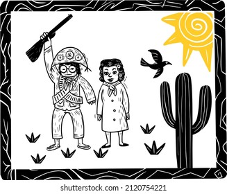 Northeast scenery with cangaceiros couple. Woodcut style and cordel literature