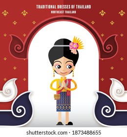 Northeast Thailand, Isan  - Cute cartoon characters girl in traditional dresses of thailand or thai traditional dance costume with paper cut art and craft style on paper background.