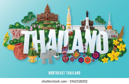 Northeast Thailand, Isan - The most beautiful places to visit in thailand with paper cut art and craft style on paper background. (Thai Translation : Isan )