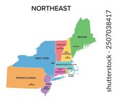 Northeast, U.S. census region, multi colored political map. Census region 1 of the United States, consisting of 9 single states. Colored silhouettes of single states with borders and their capitals.